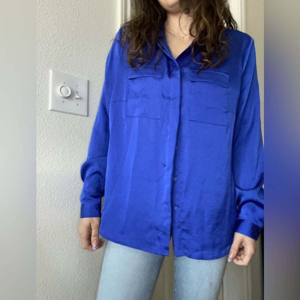 MANGO Satin Button Down Blouse‎ Top Size XXL Cobalt Blue Pockets